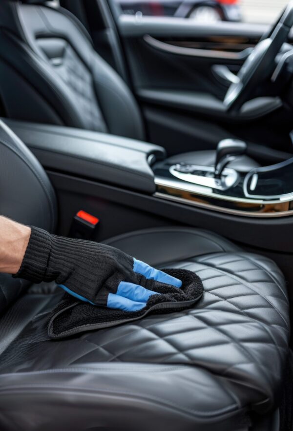 A person cleaning the inside of a car with various tools and equipment A person cleaning the inside of a car with various tools and equipment.
